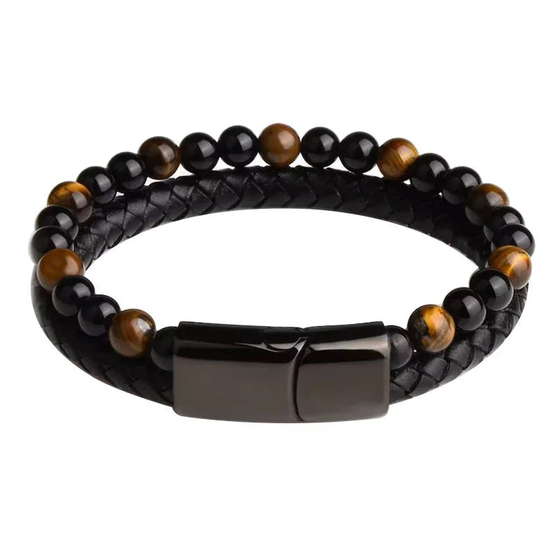 Bracelet en Cuir Tressé Œil de Tigre et Obsidienne - Litho Natura