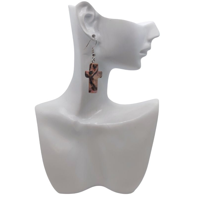 Boucles d'Oreilles en Croix - Rhodonite Naturelle