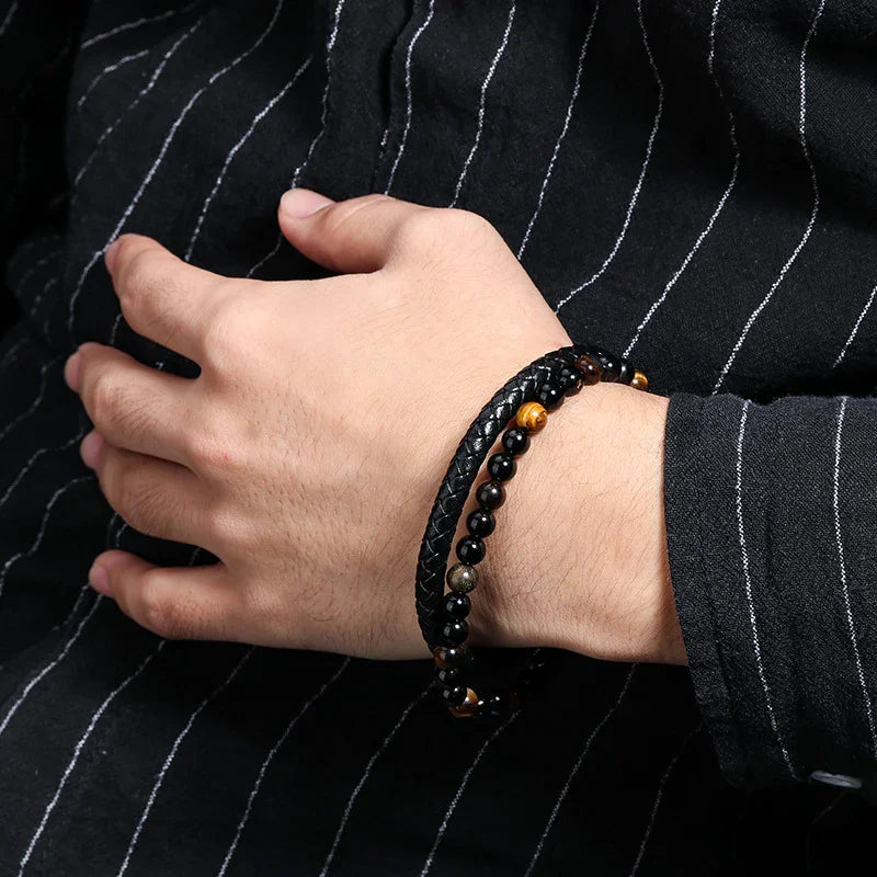 Bracelet en Cuir Tressé Œil de Tigre et Obsidienne - Litho Natura