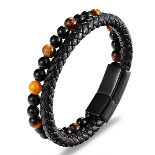 Bracelet en Cuir Tressé Œil de Tigre et Obsidienne - Litho Natura