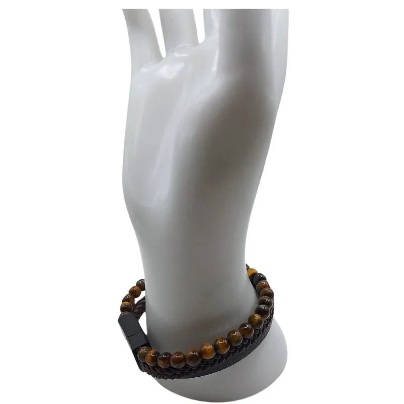 Bracelet en cuir tressé en Oeil de tigre - Litho Natura